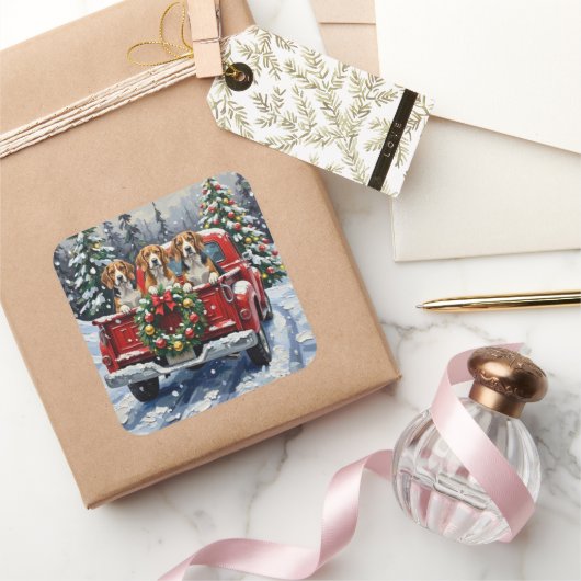 Beagle Christmas Red Truck Holiday Vierkante Sticker (Geschenken)