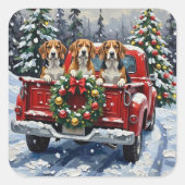 Beagle Christmas Red Truck Holiday Vierkante Sticker (Voorkant)