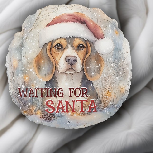 Beagle Christmas wacht op Waterverf van de Kerstma Rond Kussen (Personalize this Beagle Christmas Waiting For Santa Dog Watercolor Round Pillow)