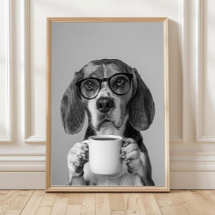 Beagle die koffie drinkt muurdecoratie, zwart en w poster