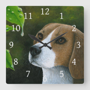 Beagle Dog 116 Green Leaf Water Drop Vierkante Klok
