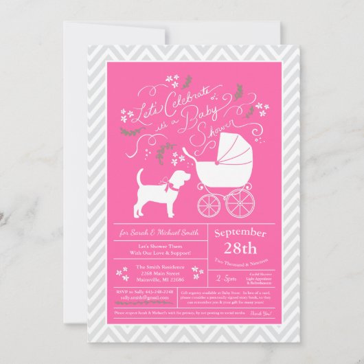 Beagle Dog Baby shower Pink Girl Kaart (Voorkant)