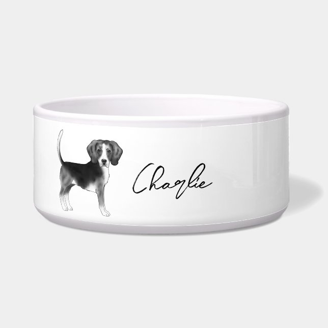 Beagle Dog Design in zwart-wit met naam Voerbakje (Voorkant)