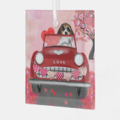 Beagle Dog Driving Auto met hart Valentijnse Glas Ornament (Voorkant links)