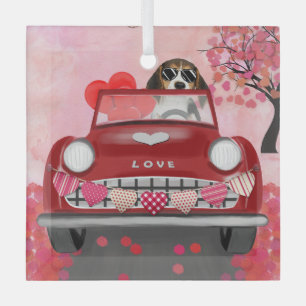 Beagle Dog Driving Auto met hart Valentijnse Glas Ornament