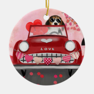 Beagle Dog Driving Auto met hart Valentijnse Keramisch Ornament