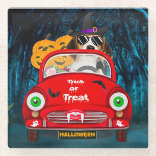 Beagle Dog Driving Car Scary Halloween Glazen Onderzetter