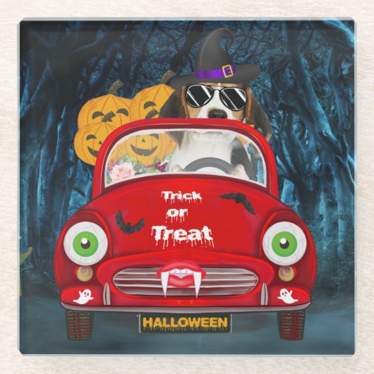 Beagle Dog Driving Car Scary Halloween Glazen Onderzetter (Voorkant)