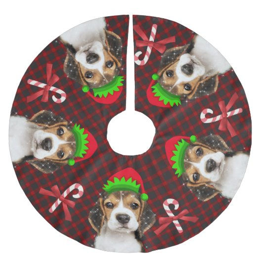 Beagle Dog Elves Candy Canes Buffel Plaid Kerstboom Rok (Voorkant)