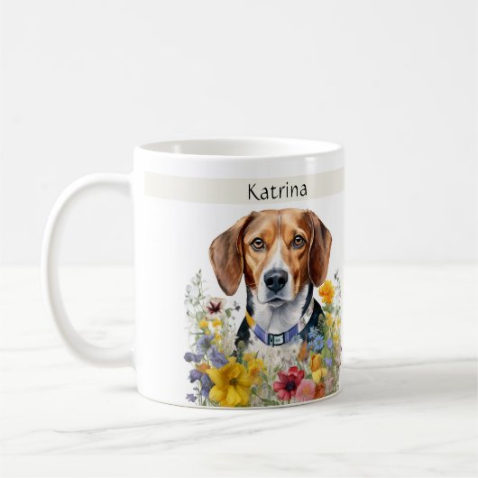 Beagle Dog Field of Flowers Jouw naam Koffiemok (Links)