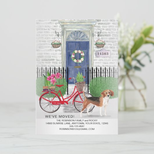 Beagle Dog Fietsdeur Nieuw Huis Aankondiging (Staand voorkant)