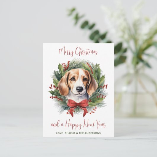 Beagle Dog gepersonaliseerde krans Vrolijk Kerstfe Feestdagenkaart (Staand voorkant)