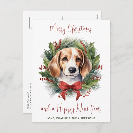 Beagle Dog gepersonaliseerde krans Vrolijk Kerstfe Feestdagenkaart (Voorkant / Achterkant)