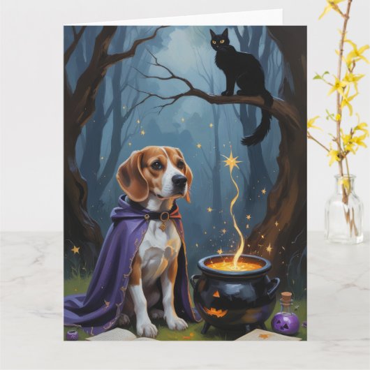 Beagle Dog grillige Halloween schilderij Kaart (Gele Bloem)