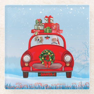 Beagle Dog in auto met kerstman Glazen Onderzetter