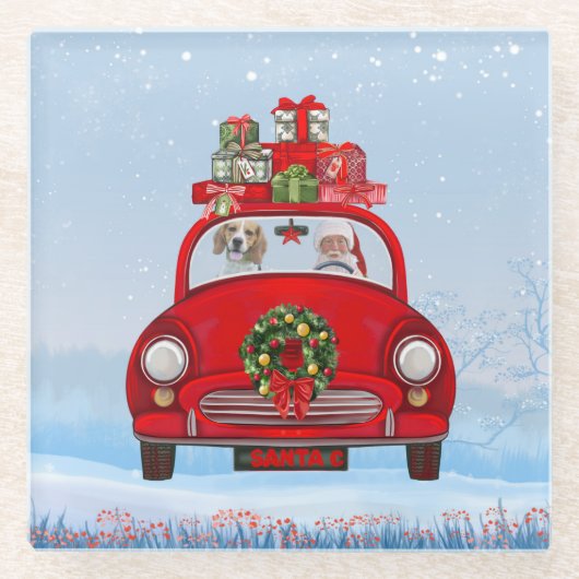 Beagle Dog in auto met kerstman Glazen Onderzetter (Voorkant)