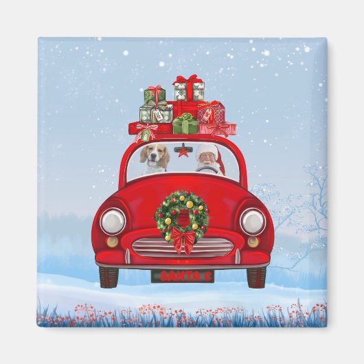 Beagle Dog in auto met kerstman Magneet (Voorkant)