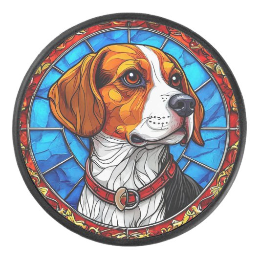Beagle Dog in levendige Glas in lood kunst Hockey Puck (Voorkant)