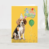 Beagle Dog in Party Pet op Gele Verjaardag Kaart (Voorkant)