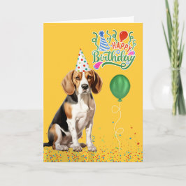 Beagle Dog in Party Pet op Gele Verjaardag Kaart