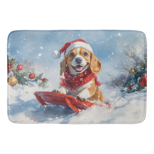 Beagle Dog in Sledge Laat het Sneeuw Kerstmis Badmat (Voorkant)
