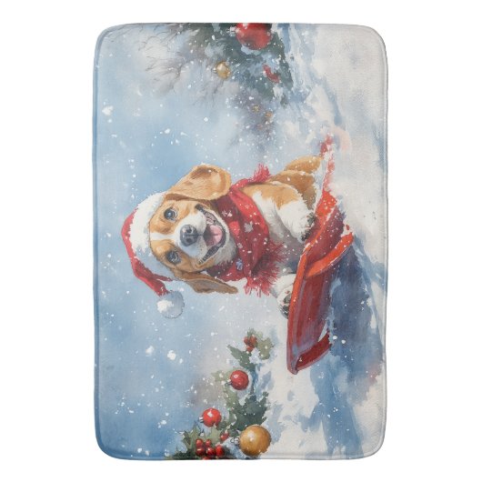 Beagle Dog in Sledge Laat het Sneeuw Kerstmis Badmat (Voorkant Verticaal)
