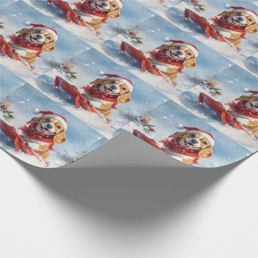 Beagle Dog in Sledge Laat het Sneeuw Kerstmis Cadeaupapier (Hoek)