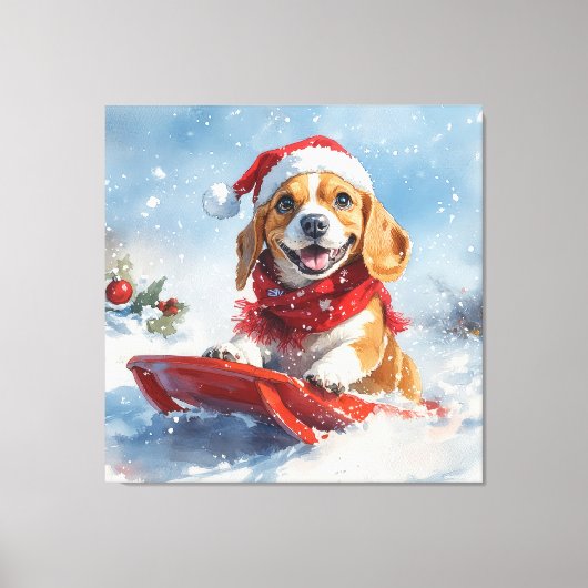 Beagle Dog in Sledge Laat het Sneeuw Kerstmis Canvas Afdruk (Voorkant)