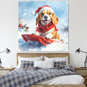 Beagle Dog in Sledge Laat het Sneeuw Kerstmis Canvas Afdruk (Insitu (Slaapkamer))