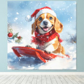 Beagle Dog in Sledge Laat het Sneeuw Kerstmis Canvas Afdruk (Insitu (Houten vloer))