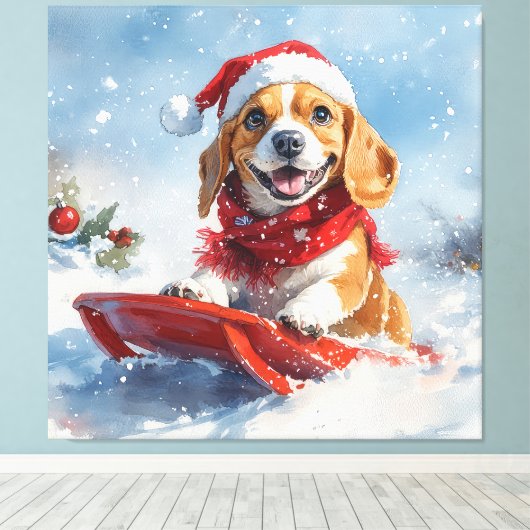 Beagle Dog in Sledge Laat het Sneeuw Kerstmis Canvas Afdruk (Insitu (Houten vloer))