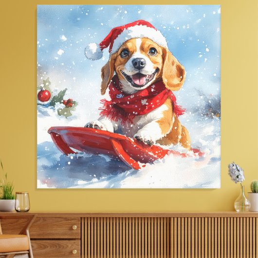 Beagle Dog in Sledge Laat het Sneeuw Kerstmis Canvas Afdruk (Insitu (Woonkamer))