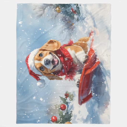 Beagle Dog in Sledge Laat het Sneeuw Kerstmis Fleece Deken (Voorkant)