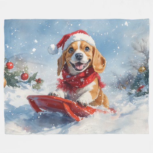 Beagle Dog in Sledge Laat het Sneeuw Kerstmis Fleece Deken (Voorkant (Horizontaal))