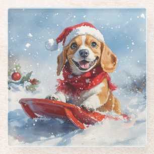 Beagle Dog in Sledge Laat het Sneeuw Kerstmis Glazen Onderzetter