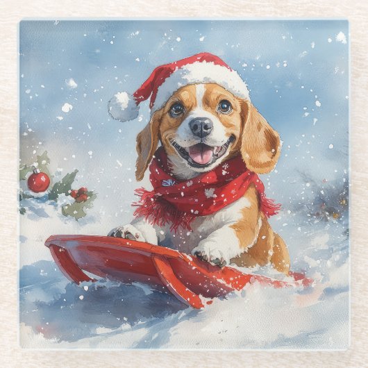 Beagle Dog in Sledge Laat het Sneeuw Kerstmis Glazen Onderzetter (Voorkant)