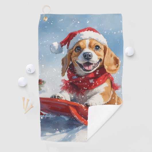 Beagle Dog in Sledge Laat het Sneeuw Kerstmis Golfhanddoek (Insitu)