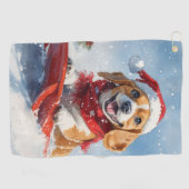 Beagle Dog in Sledge Laat het Sneeuw Kerstmis Golfhanddoek (Horizontaal)