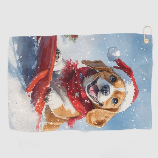 Beagle Dog in Sledge Laat het Sneeuw Kerstmis Golfhanddoek (Horizontaal)