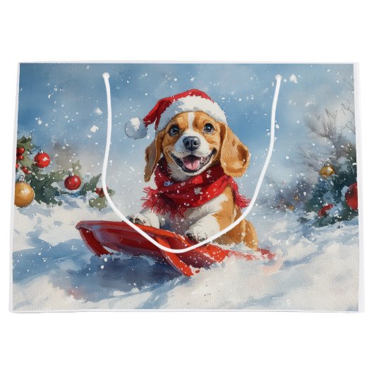 Beagle Dog in Sledge Laat het Sneeuw Kerstmis Groot Cadeauzakje (Voorkant)