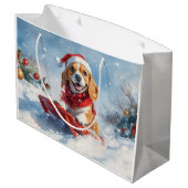 Beagle Dog in Sledge Laat het Sneeuw Kerstmis Groot Cadeauzakje (Achterkant Gekanteld)