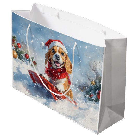 Beagle Dog in Sledge Laat het Sneeuw Kerstmis Groot Cadeauzakje (Achterkant Gekanteld)