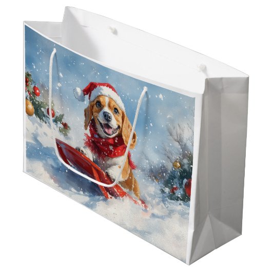 Beagle Dog in Sledge Laat het Sneeuw Kerstmis Groot Cadeauzakje (Voorkant Gekanteld)