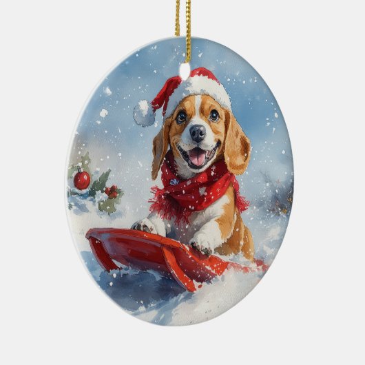 Beagle Dog in Sledge Laat het Sneeuw Kerstmis Keramisch Ornament (Rechts)
