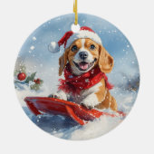 Beagle Dog in Sledge Laat het Sneeuw Kerstmis Keramisch Ornament (Achterkant)