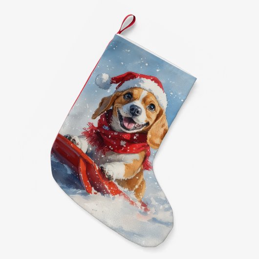 Beagle Dog in Sledge Laat het Sneeuw Kerstmis Kleine Kerstsok (Voorkant (Hangend))