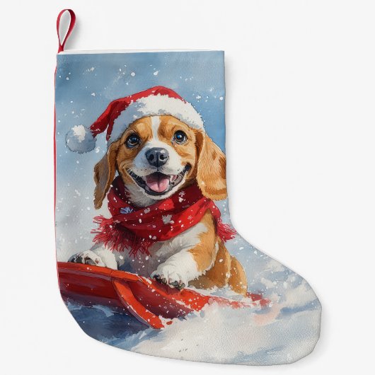 Beagle Dog in Sledge Laat het Sneeuw Kerstmis Kleine Kerstsok (Voorkant)