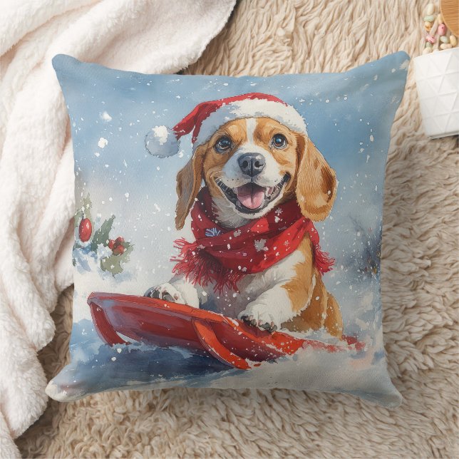 Beagle Dog in Sledge Laat het Sneeuw Kerstmis Kussen (Deken)