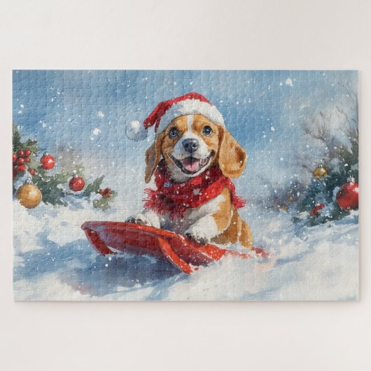 Beagle Dog in Sledge Laat het Sneeuw Kerstmis Legpuzzel (Horizontaal)