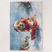Beagle Dog in Sledge Laat het Sneeuw Kerstmis Legpuzzel (Verticaal)
